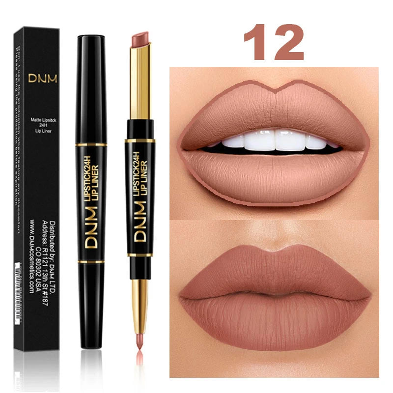 2 in 1 Matte Lipstick Pencil Double Head Lip Liner Pen Red Nude Long Lasting Waterproof Lady Charming Makeup Tools