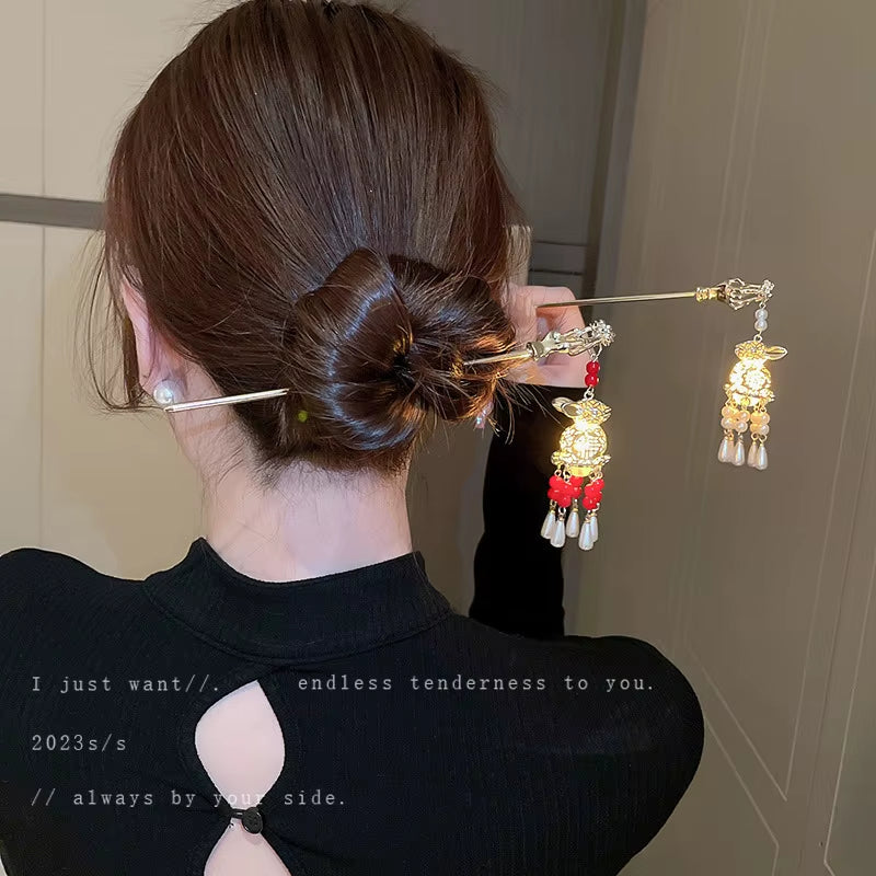 Chinese Rabbit Lantern Hair Pin Clips Hair Sticks Hanfu Hair Accessories for Women Kids Ancient Style Hairpin Hair Fork