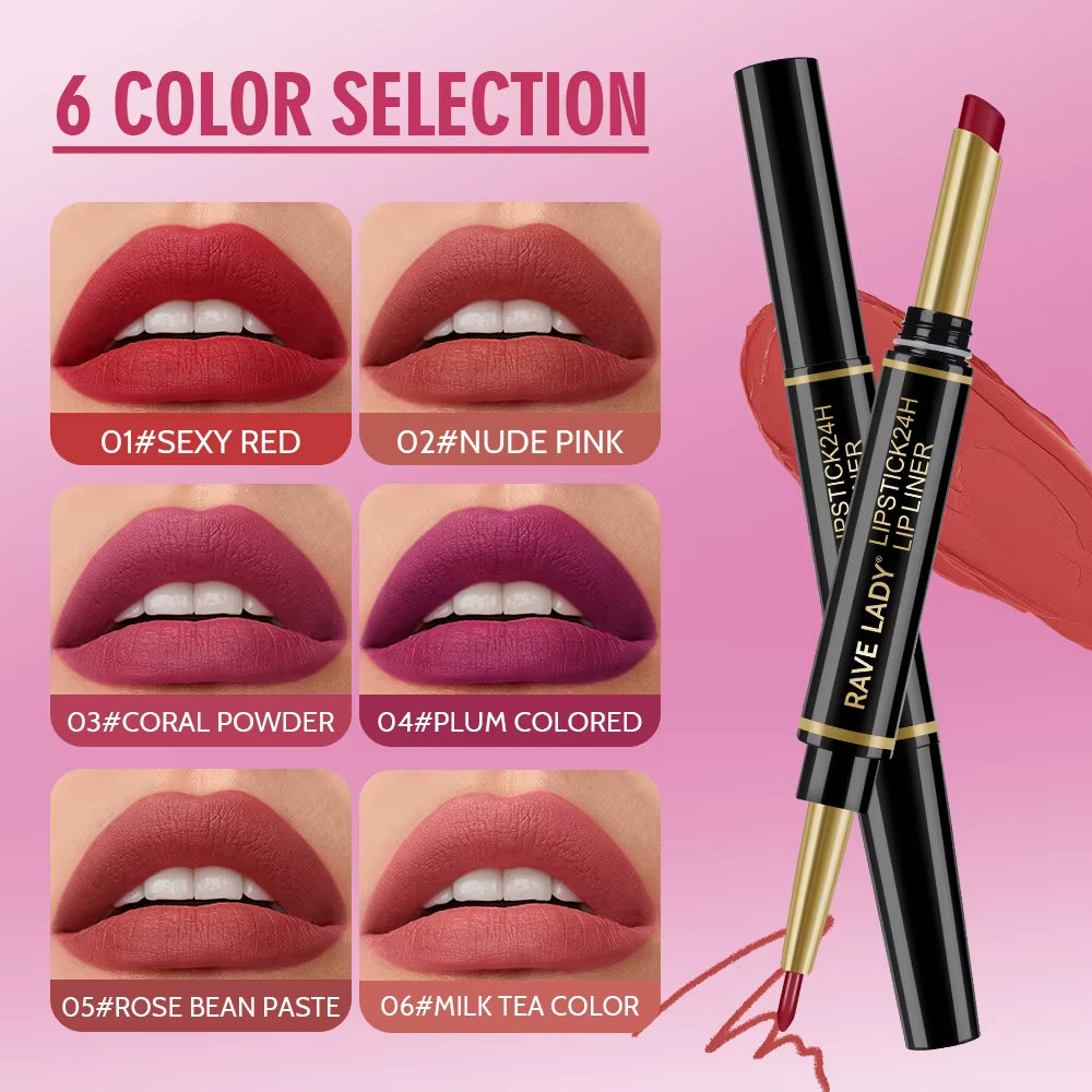 2 in 1 Matte Lipstick Lipliner Pencil 6 Color Christmas Gift Waterproof Lipstick Sexy Red Long Lasting Lipliner Makeup