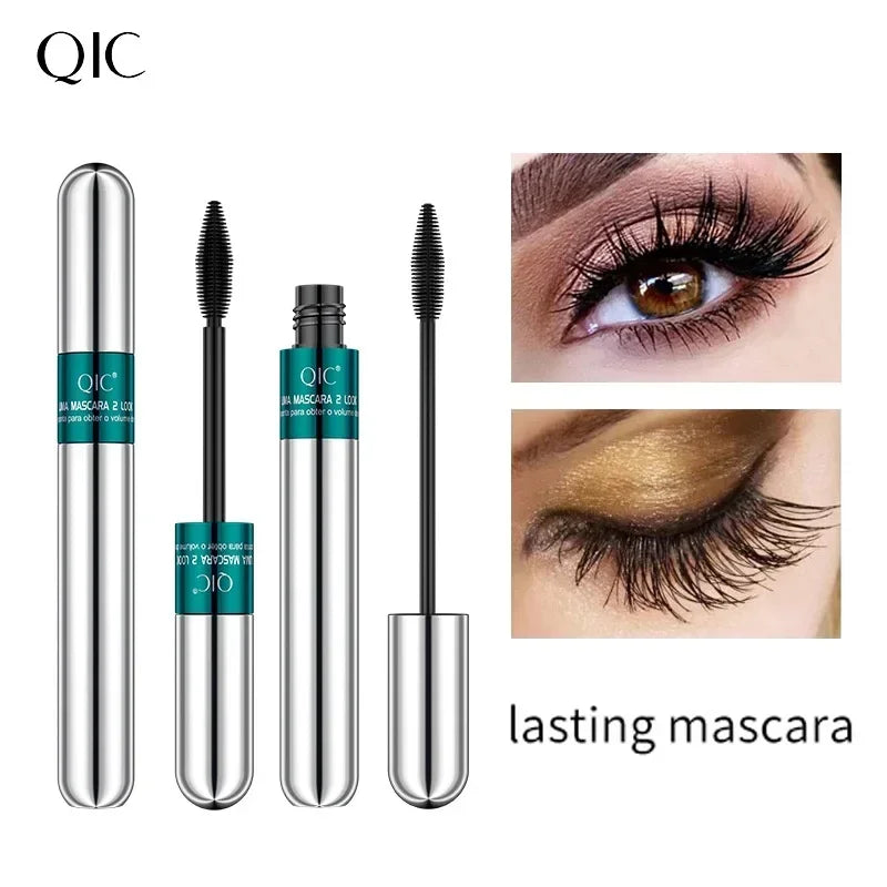 QIC Double Effect 4D Mascara Waterproof Long Curl Natural Thick Eyelash 2-In-1 Black Mascara with 2 Brush Heads