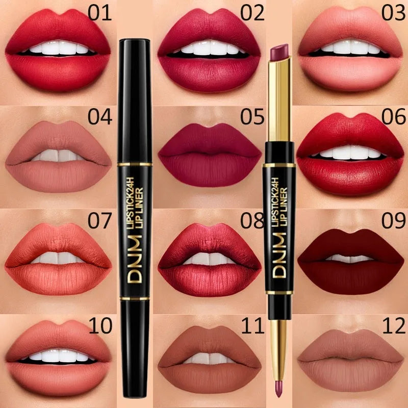 DNM 12 Colors Matte Lipstick Lip Liner 2 in 1 Lasting Makeup Double Head Lipliner Lip Stain Durable Waterproof Lip Cosmetic Tool