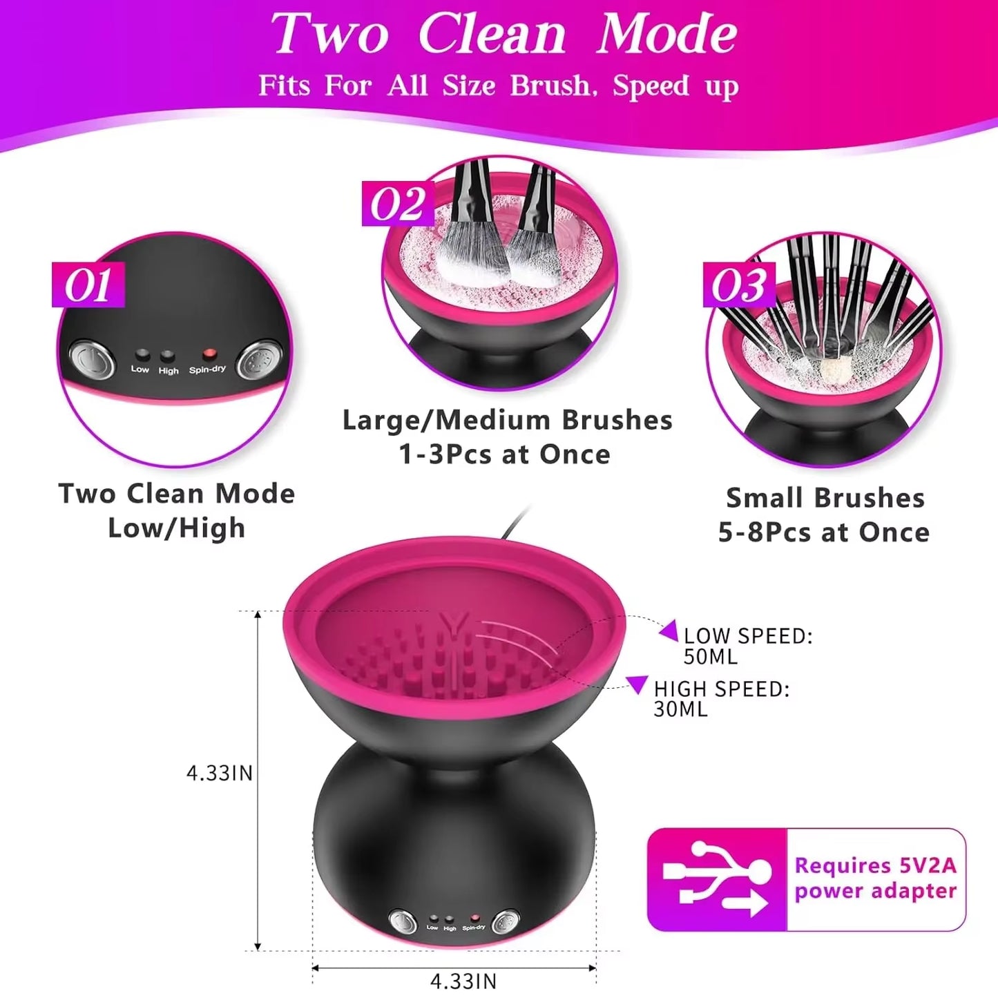 Hooxii Makeup Brush Cleaner Machine, Two Gears Speed and Dehydration Function，Travel Portable Automatic